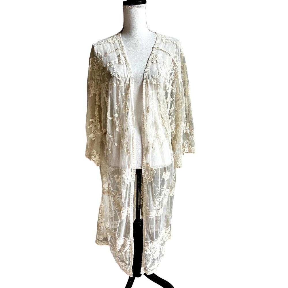 Adiva Ivory Floral Sheer Lace Open Front Kimono 3XL Cardigan Wedding Boho